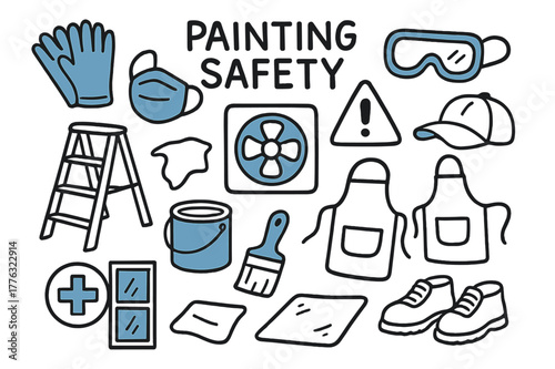 Painting Safety Essentials. Painting safety. Hand-drawn doodle illustration painting safety [gloves (accented), mask (accented), goggles (accented), step