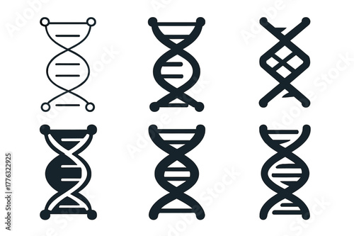 DNA Logo Variations. Genetic modification. Set Logo of genetic modification: DNA helix structure with editable nodes. Icon set. harmonious logo variations of