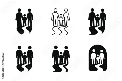 Family Transition Logos. Supporting teens through family transitions. Set Logo of supporting teens through family transitions: path leading to unified figures.