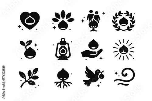 Chestnut Icon Set. Chestnut Symbolism. Solid icons set of Chestnut Symbolism: heart nut, leaf crown, family tree, sprouting nut, circle wreath, lantern light,