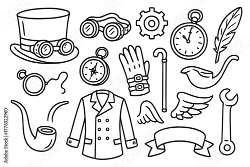Steampunk Accessory Doodles. Steampunk accessories. Hand-drawn doodle illustration Steampunk accessories top hat, goggles, gear, clock, feather, monocle,