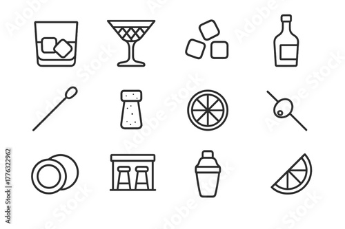 Cocktail Icon Set. Cocktail hour. Line icon set of cocktail hour: whiskey glass, crystal glass, ice cubes, bottle, cocktail stirrer, cork, lemon slice, olive,