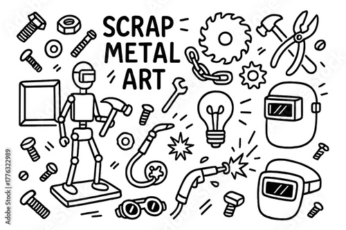 Scrap Metal Artwork. Scrap metal art. Hand-drawn doodle illustration scrap metal art sculpture, bolts, nuts, saw blade, gear, hammer, welder, chain, pliers,