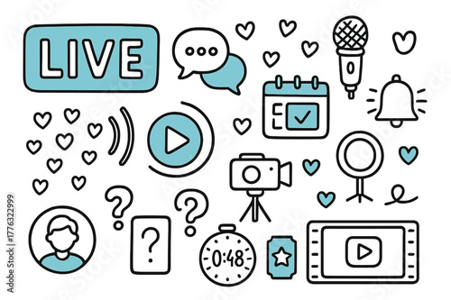 Live Stream Essentials. // Live stream promo. Hand-drawn doodle illustration live stream promo [LIVE badge (accented), play button, streaming waves (accented),