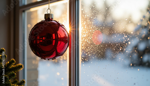 Red Christmas ornament hanging by window with winter sunlight  