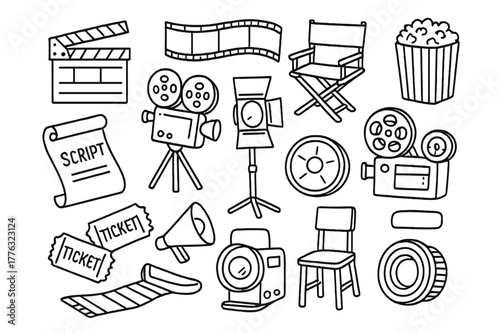 Film Industry Icons. Film Reel. Hand-drawn doodle illustration Film Reel film reel, movie tape, clapperboard, director?s chair, popcorn, camera, spotlight,