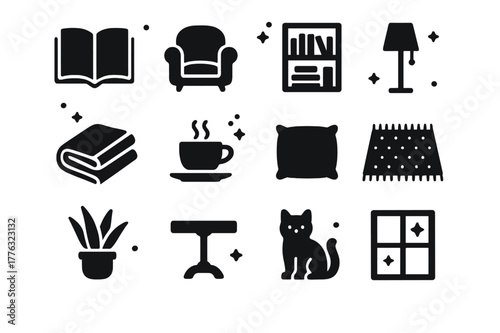 Cozy Literary Icons. Literary Nook. Solid icons set of Literary Nook: book, armchair, bookshelf, lamp, blanket, coffee cup, cushion, rug, plant, side table,