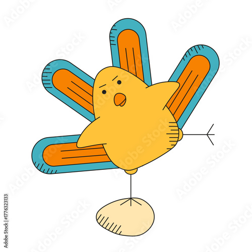 Fun vector chicken and egg isolated transparent background. Vector illustration of silly hand drawn chicken with colorful tail on the egg. Kid room decor element child t-shirt print design Editable