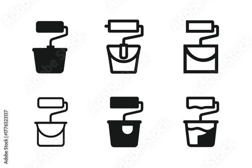 Home Logo Variations. Home maintenance tips. Set Logo of Home maintenance tips: paint roller and bucket. Icon set. harmonious logo variations of the same