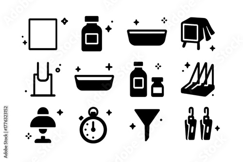 Wet Plate Icons. Wet Plate Collodion. Solid icons set of Wet Plate Collodion: glass plate, collodion bottle, silver nitrate bath, portable darkbox, dip holder,