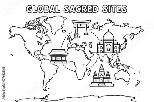 Sacred Sites Coloring Map. Global sacred sites children?s coloring book illustration, outlined drawing, a simple world map with tiny landmark icons like a