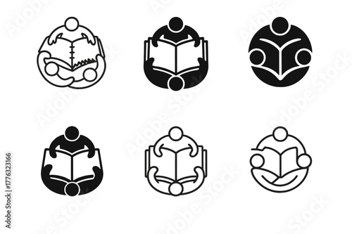 Artists Workshop Logo Concepts. Artists working together in a workshop. Set Logo of Artists working together in a workshop: sketchbooks arranged in a circle.