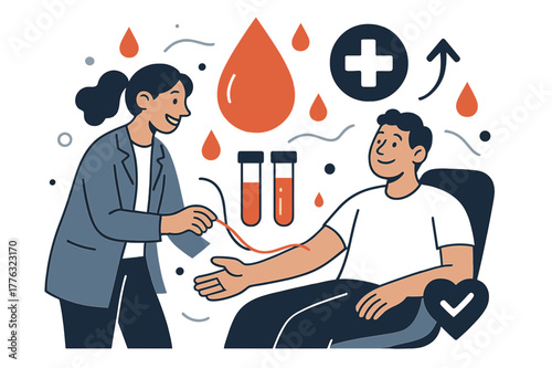 Dynamic Blood Donation. Blood test. Patient donating blood with abstract floating drops, test tubes, and icons; conveys healthcare, contribution, and wellness.