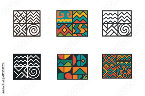 Cultural Art Logos. Cultural diversity in art. Set Logo of Cultural diversity in art: quilt of traditional patterns. Icon set. harmonious logo variations of