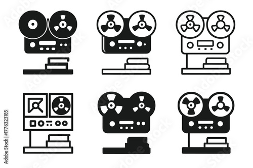 Vintage Electronic Logos. Decorating with vintage electronics. Set Logo of Decorating with vintage electronics: reel-to-reel tape deck wall shelf. Icon set.