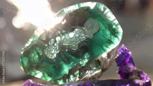 highly reflective and sparkling mineral photograph  an intimate close-up view capturing the intricate surface details of a green semi-precious stone with rear illumination  showcasing naturally