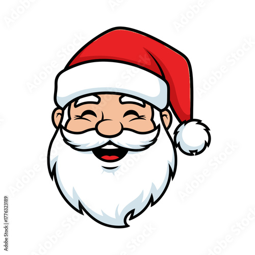 santa claus face smiling with beard and hat, cartoon outline style, clean vector lines, white background, no shading