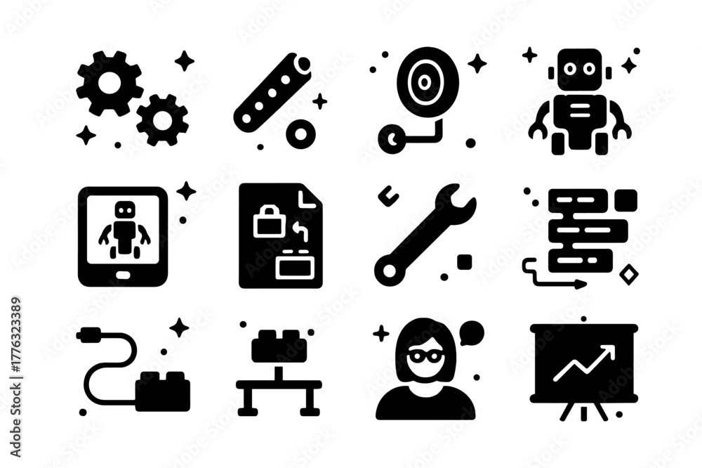Fototapeta premium STEM LEGO Icons. STEM Learning with LEGO. Solid icons set of STEM Learning with LEGO: gears, axles, pulley, robot, tablet, instruction sheet, wrench, code