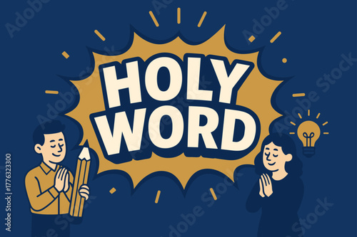 Prayerful Cartoon Banner. Holy word banner, flat vector illustration, bold oversized text inside splash explosion, cartoon characters standing and praying,