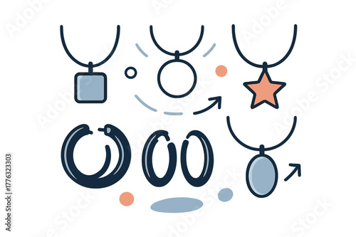 Elegant Floating Jewelry. Minimal jewelry collection. Floating pendants and hoops arranged in perfect symmetry. Calm elegance and timeless design. Modern flat