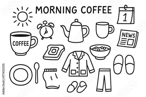 Morning Coffee Doodles. Morning Coffee. Hand-drawn doodle illustration Morning Coffee coffee cup, kettle, mug, breakfast, toast, cereal bowl, alarm clock, sun,