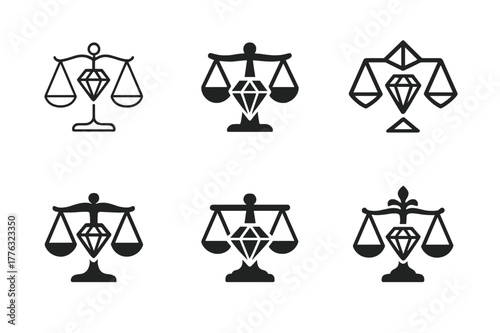 Ethical Jewelry Logos. Ethical jewelry design. Set Logo of Ethical jewelry design: gemstone in balanced scales. harmonious logo variations of the