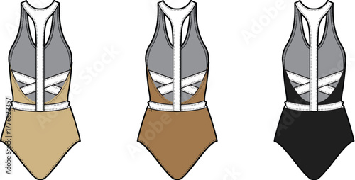 Collection of technical flat sketches for a sporty one-piece swimsuit with a racerback design and waist cutouts, shown in three color variations