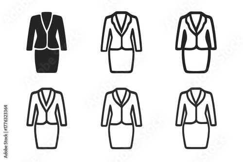 Womenswear Fashion Logos. Womenswear fashion. Icon set. Set Logo of Womenswear fashion: blazer and pencil skirt ensemble. harmonious logo variations of the