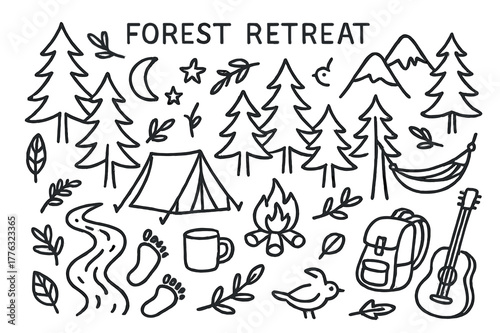 Forest Camping Doodle. Forest retreat. Hand-drawn doodle illustration forest retreat pine trees, tent, campfire, stream, leaves, footprints, mug, stars, moon,
