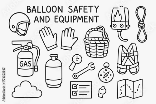 Balloon Safety Essentials. Balloon safety and equipment. Hand-drawn doodle illustration Balloon safety and equipment helmet, gloves, basket, rope, harness,