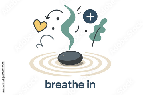 Meditative Pebble Scene. Pebble ? Meditation Focus. A single pebble rests at the center of soft sand spirals; incense smoke curves upward. Caption ?breathe