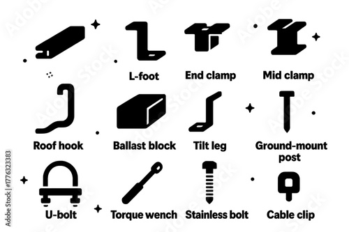 Solar Mounting Icons. Solar mounting hardware and racking. Solid icons set of Solar mounting hardware and racking: rail section, L-foot, end clamp, mid clamp,