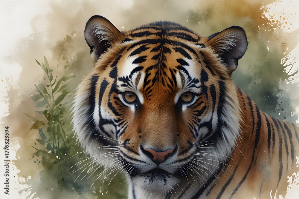 Fototapeta premium This is a serene portrait of a tiger. The tiger appears calm and relaxed. It is captured in a peaceful environment, highlighting its majestic presence.