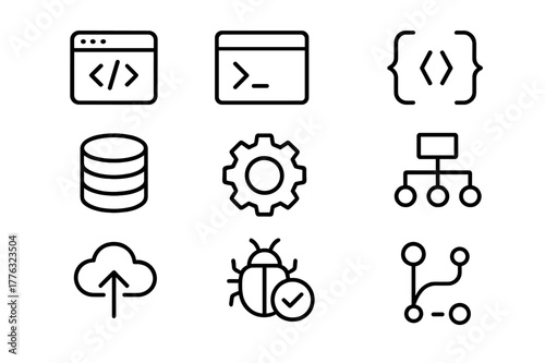 Software Development Icons. Software Development. Line icon set of Software Development: code editor, terminal window, brackets, database icon, gear,