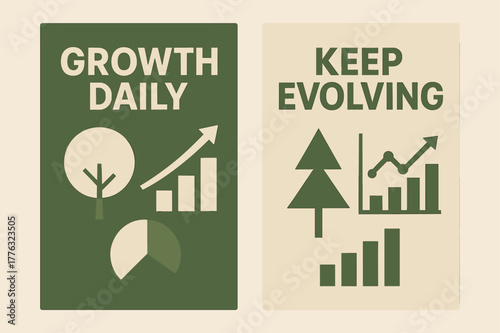 Growth Banners Design. Growth daily. Two vertical A6 banners with safe margins, centered composition, no elements touching edges, geometric, olive green and