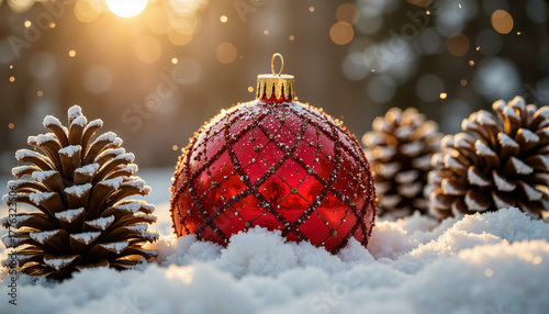 Red Christmas ornament surrounded by pinecones in winter snow  