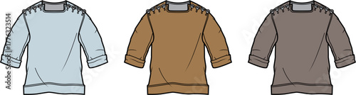 Fashion flat sketches of versatile long-sleeve crew neck tops in different colors, ideal for clothing design concepts, technical specifications, and apparel production