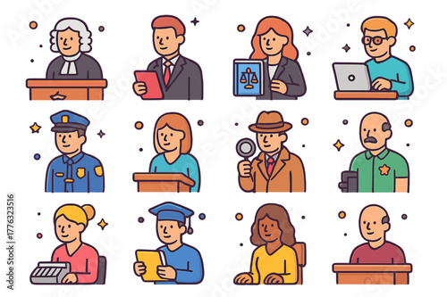 Legal Professions Icons. Legal professions. Colorful isometric vector icons set of legal professions: judge, prosecutor, defense lawyer, paralegal, police