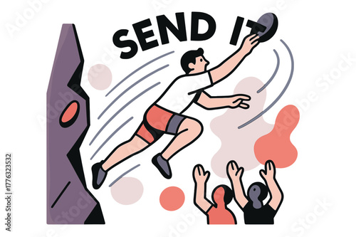 Dynamic Climbing Moment. Dyno to the Jug. Knees load, hands launch, the climber flies between holds; ?SEND IT? arcs with motion streaks. Spotters below glow as