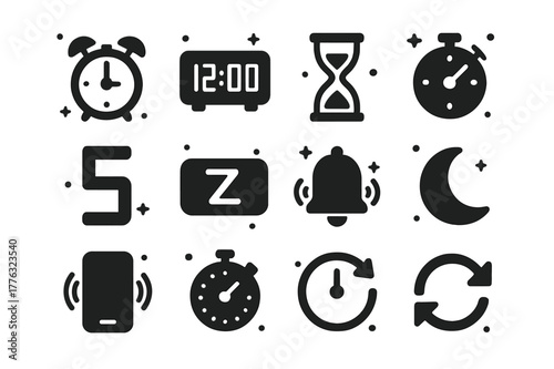 Alarms Icon Set. Alarms and Timers. Solid icons set of Alarms and Timers: analog alarm clock, digital clock, hourglass, stopwatch, countdown digits, snooze