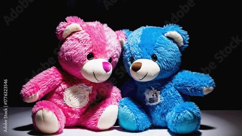 Two adorable teddy bears in blue and pink sit together for gender reveal on black background
