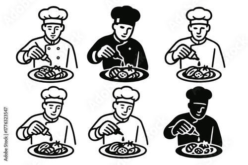 Chef's Balsamic Dish. A chef adding a drizzle of balsamic glaze over a dish of grilled vegetables. Set Logo of A chef adding a drizzle of balsamic glaze over a