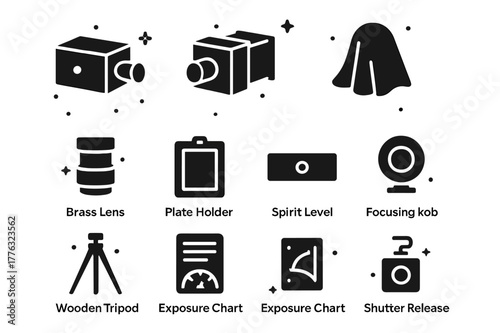 Vintage Camera Icons. Early Cameras. Solid icons set of Early Cameras: camera obscura, sliding box camera, lens cap, ground glass, dark cloth, brass lens,