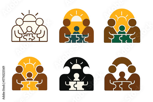 Puzzle Logo Variations. A family putting together a puzzle on a cozy afternoon. Set Logo of a family putting together a puzzle on a cozy afternoon: afternoon