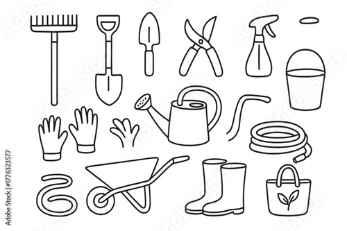 Garden Tools Doodle. Garden tools. Hand-drawn doodle illustration garden tools rake, shovel, trowel, pruning shears, gloves, watering can, bucket, spade, spray