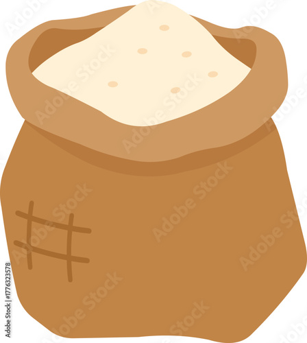 Full burlap sack overflowing with fine white flour, perfect for baking and culinary themes