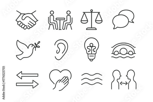 Conflict Resolution Icons. Conflict Resolution. Line icon set of Conflict Resolution: handshake agreement, mediation table, balance scale, conversation