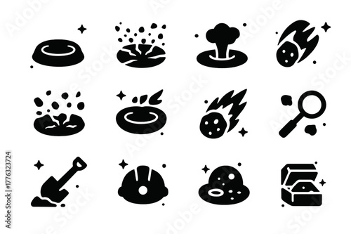 Meteorite Impact Icon Set. Meteorite impact craters. Solid icons set of Meteorite impact craters: crater rim, debris field, cracked ground, dust plume, rock