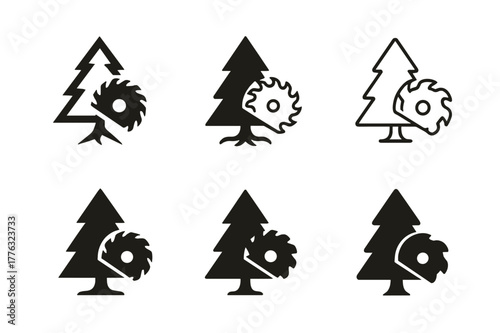 Deforestation Logos Grid. Deforestation. Set Logo of deforestation: tree being cut by saw blade. Icon set. harmonious logo variations of the same emblematic