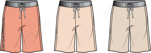 Set of three colorful unisex shorts, each with a drawstring and a grey waistband, displayed from the front on a white background